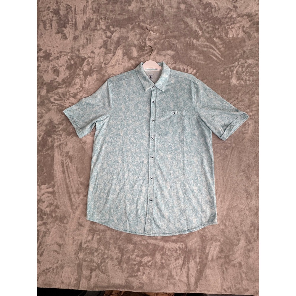 Nicoby Mens Large Blue‎ Leaf Print Premium Short Sleeve Button Down Shirt
